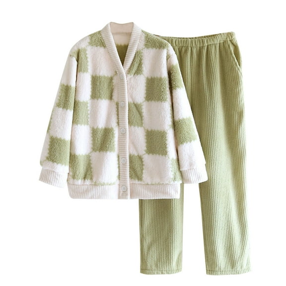 Annhoo Flannel Outfits for Women 2 Piece Lounge Sets Long Sleeve Button down Plaid Outwear and Pants Warm Homewear