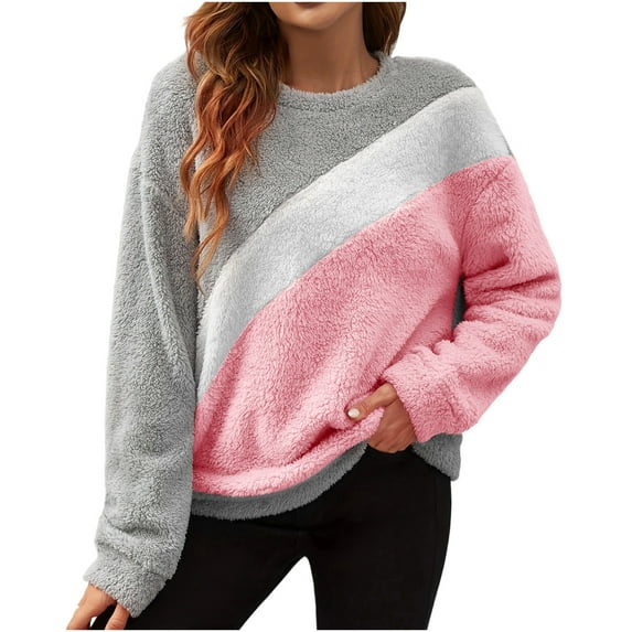 Annhoo Fleece Sweater for Women Color Block Trendy Crew Neck Long Sleeve Pullover Casual Comfy Warm Trendy Blouse Sweatshirt
