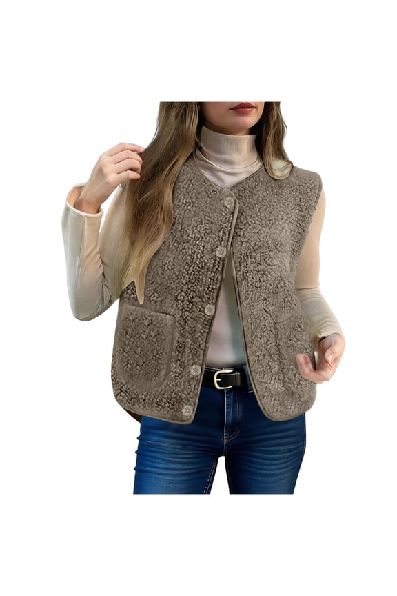 Fleece Vest Coat for Women Crew Neck Sleeveless Cardigan Jacket with Pockets Open Front Fuzzy Warm Outdoor Clothes