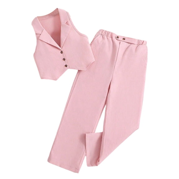 Annhoo Girl's 2 Piece Outfits Sleeveless Button down Lapel Tank Tops and Straight Leg Dress Pants Kids Clothes
