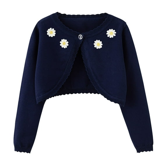 Annhoo Girl's Cardigan Sweaters Long Sleeve Button Closure Crop Knitwear Cute Flower Embroidery Front Outfits