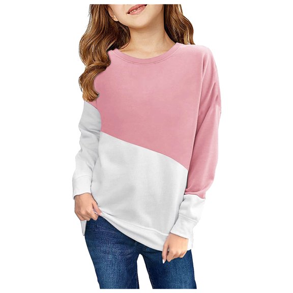 Annhoo Girl's Color Block Sweatshirts Kids Casual Long Sleeve Round Neck Pullover Shirts Fall Clothes