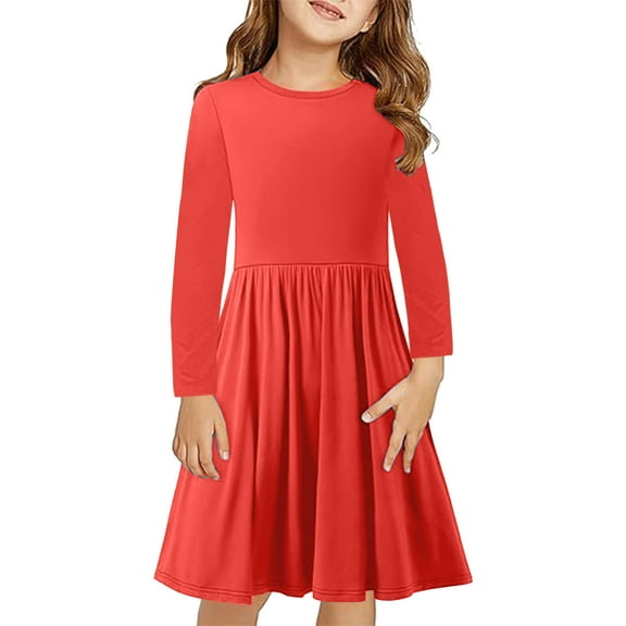 Annhoo Girl's Long Sleeve Dress Fall Casual Solid Color Round Neck Midi Dress Cozy Pleated Dress for Party