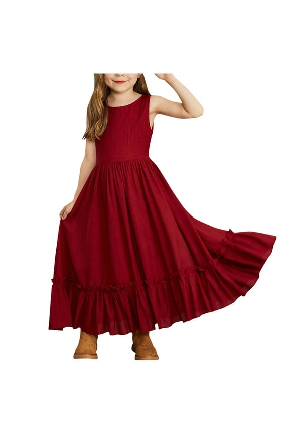 Girl's Ruffle Hem Dress Crew Neck Sleeveless Wedding Party Maxi Dress Elegant Solid Formal Dresses