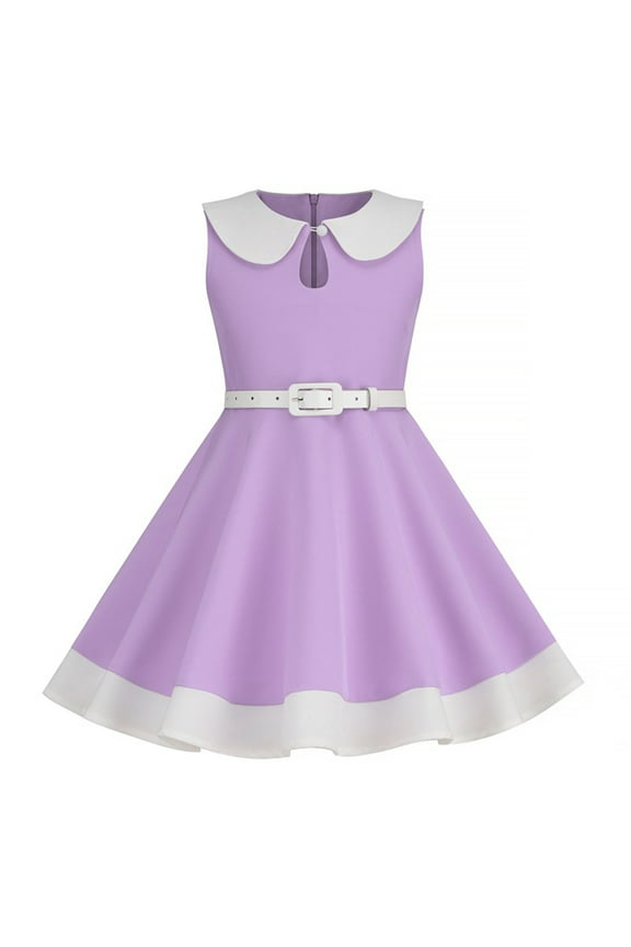 Girls 1950s Vintage Dresses Sleeveless Collared Party Dress Retro Patchwork Wedding Skater Dress with Belt