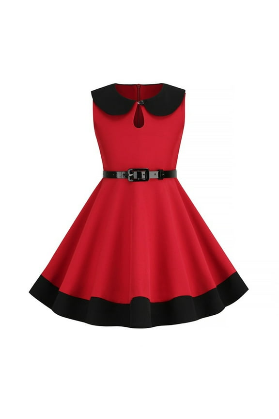 Girls 1950s Vintage Dresses Sleeveless Collared Party Dress Retro Patchwork Wedding Skater Dress with Belt