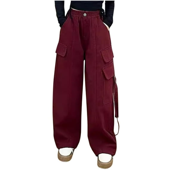 Annhoo Girls Cargo Pants Elastic High Waisted Wide Leg Trousers Children's Casual Loose Pants with Multi Pockets