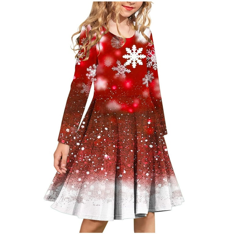 Annhoo Girls Christmas Dress Trendy Snowflake Printed Long Sleeve - Main Image