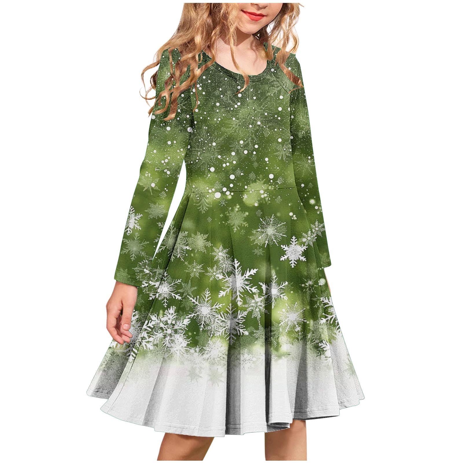 trendy christmas dresses Annhoo Girls Christmas Dress Trendy Snowflake Printed Long Sleeve Midi Dress Xmas Casual Round Neck Dresses, Girl's, Size: 13 Years