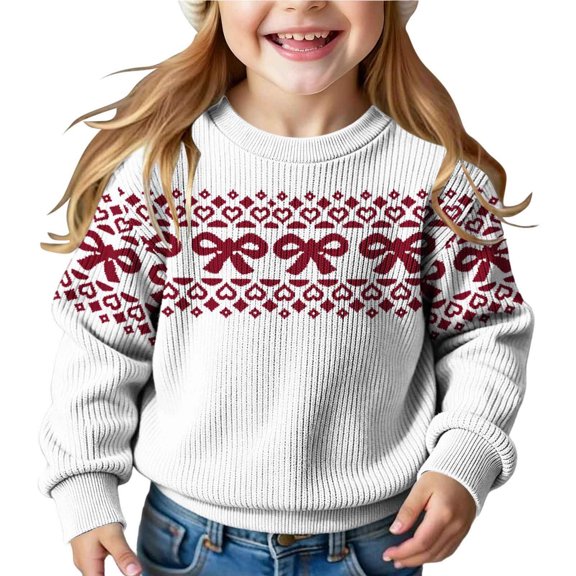 Annhoo Girls Christmas Sweater Kids Crew Neck Long Sleeve Bow Print Pullover Color Block Fashion Casual Tops