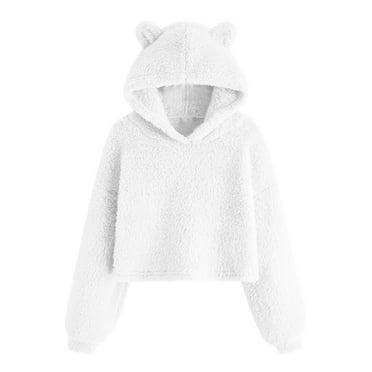 Annhoo Girls Cropped Hoodies Winter Fuzzy Cute Long Sleeve Bear Ear Hooded Tops Soft Warm Fleece Pullover Shirts