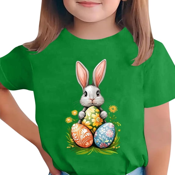 Annhoo Girls Cute Easter Shirts Boys Soft Print Block Color Crewneck Toddler Kids Short Sleeve Tops Trendy Clothes