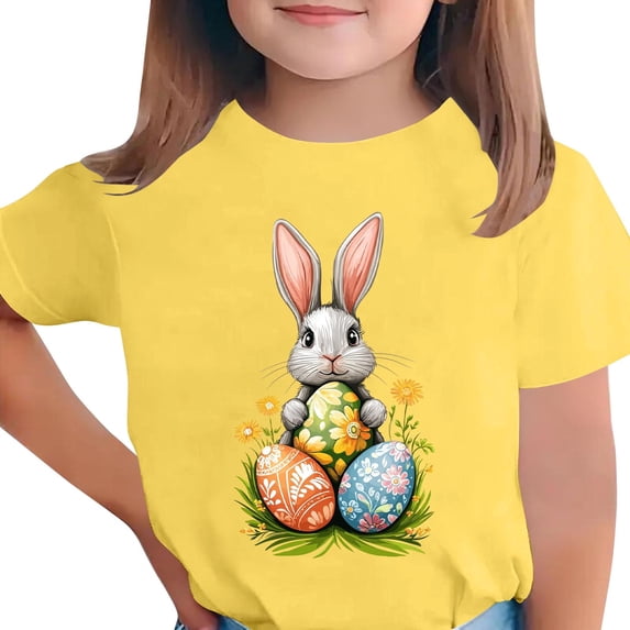Annhoo Girls Cute Easter Shirts Boys Soft Print Block Color Crewneck Toddler Kids Short Sleeve Tops Trendy Clothes