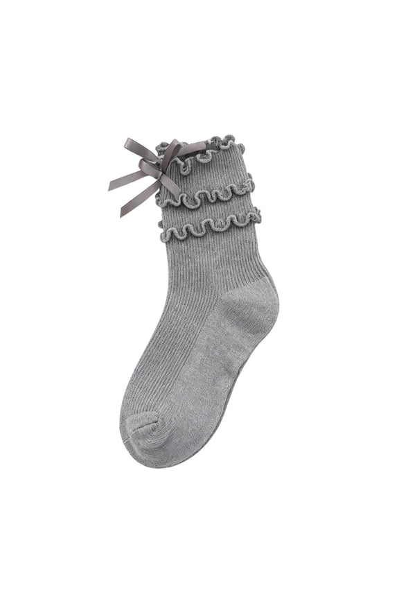 Girls Cute Ruffle Mid Calf Socks Double Tier Ruffled Trim Satin Bow Soft Breathable Fashion Dress Socks