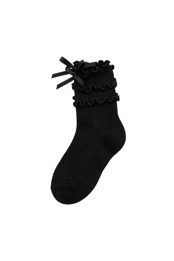 Girls Cute Ruffle Mid Calf Socks Double Tier Ruffled Trim Satin Bow Soft Breathable Fashion Dress Socks