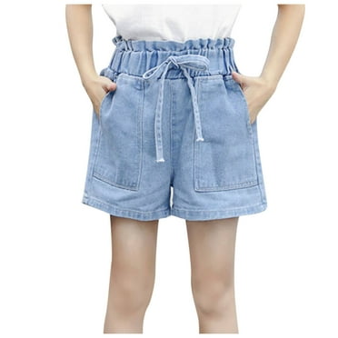 Annhoo Girls Jeans Shorts Elastic Waist Drawstring Loose Straight Leg Shorts Summer Casual Denim Shorts with Pockets