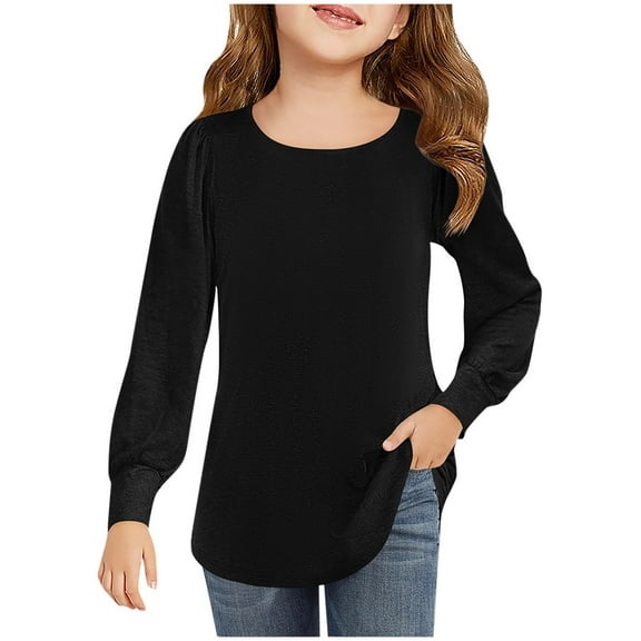 Annhoo Girls Puff Long Sleeve Shirts Kids Spring Casual Crewneck Dressy Shirts Basic Solid Color Tunics 4-13 Years