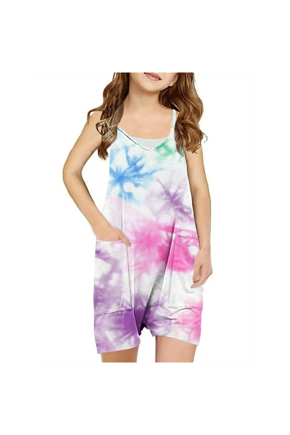 Girls Rompers Trendy Tie Dye Sleeveless V Neck Jumpsuits Summer Casual Spaghetti Strap Rompers with Pockets