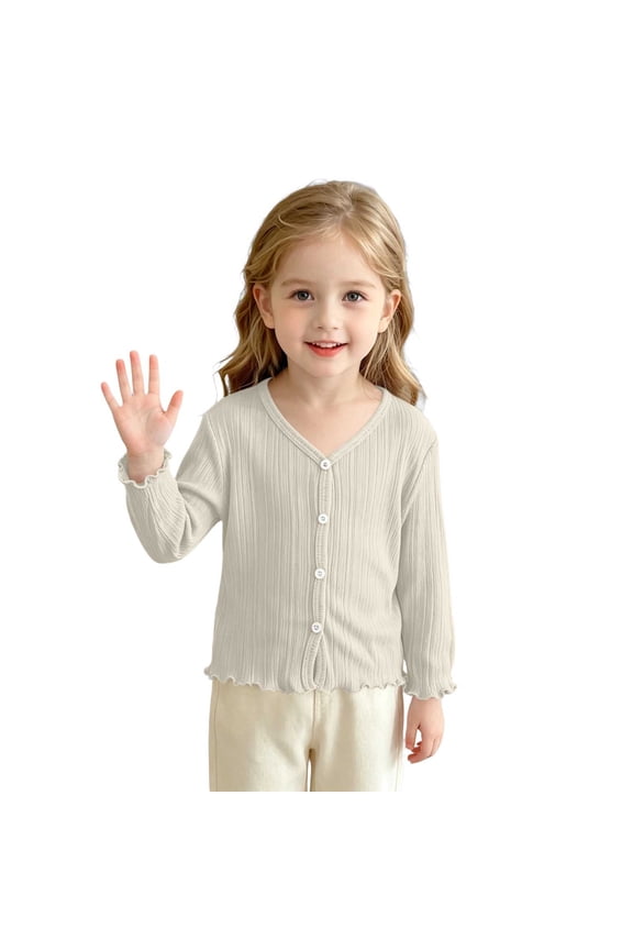 Girls Summer Cardigan Comfy Breathable V Neck Long Sleeve Jackets Fashion Ruffle Hem Cute Soft Jacket
