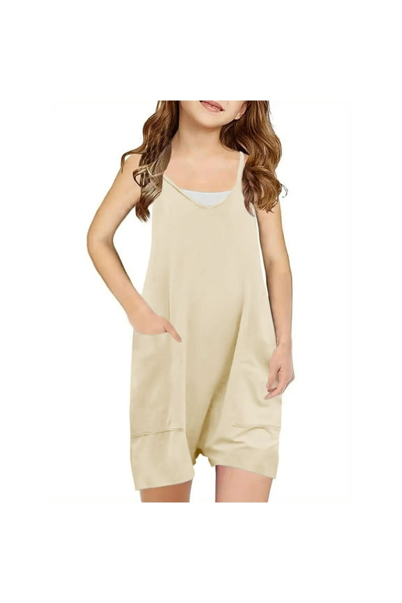 Girls Summer Jumpsuits Sleeveless Casual Cami Rompers Spaghetti Strap V Neck Short Jumpsuit with Pockets
