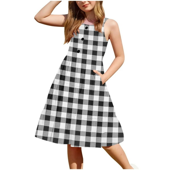 Annhoo Girls' Summer Tank Dresses Casual Plaid Sleeveless Round Neck Button with Pockets A-Line Dresses 2-12 Years
