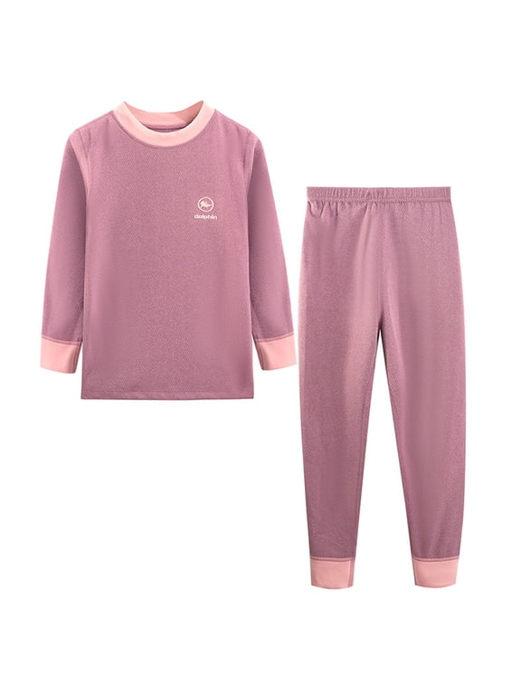 Girls Thermal Underwear Set Color Block Long Sleeve Crew Neck Top & Long Pants 2 Piece Layering Warm Outfits