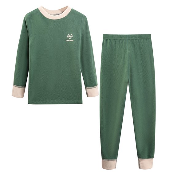Annhoo Girls Thermal Underwear Set Color Block Long Sleeve Crew Neck Top & Long Pants 2 Piece Layering Warm Outfits