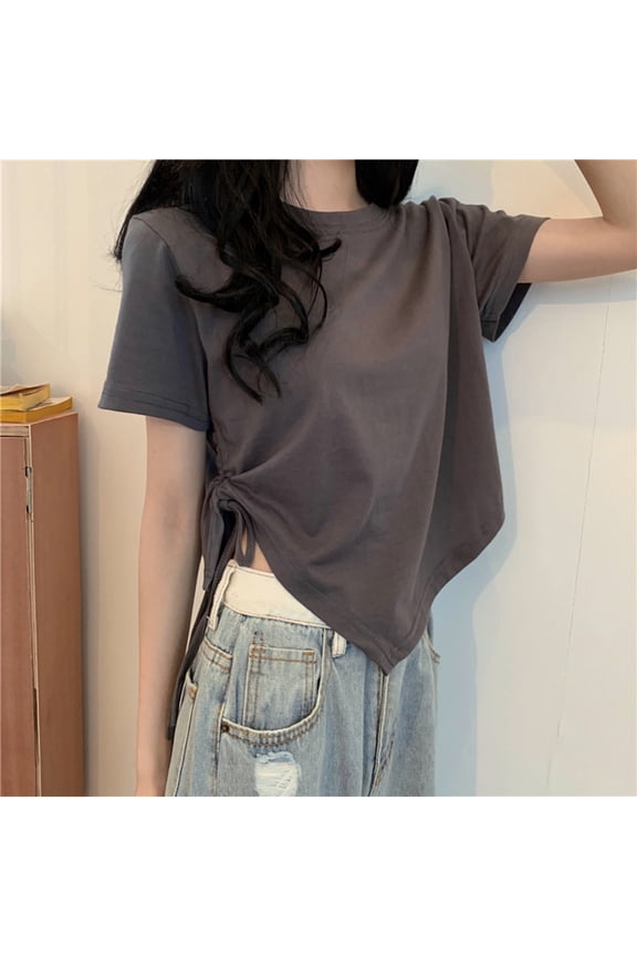 Going Out Shirts for Womens Crewneck Drawstring Solid Color Short Sleeve Crop Tops Spring Summer Clothes