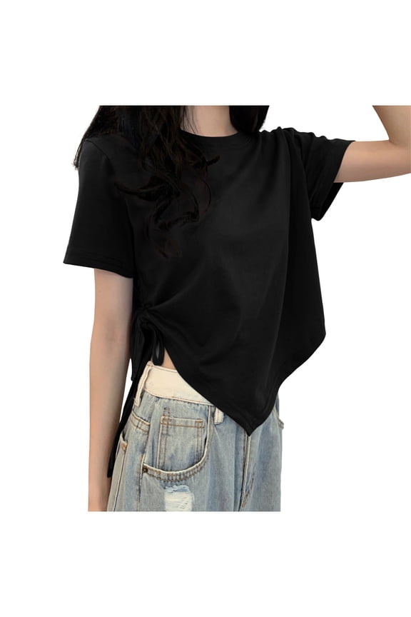 Going Out Shirts for Womens Crewneck Drawstring Solid Color Short Sleeve Crop Tops Spring Summer Clothes