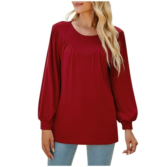 Annhoo Going out Tops for Women Fall Casual Pleated Crewneck Long Sleeve T-Shirts Ladies Basic Solid Color Blouses