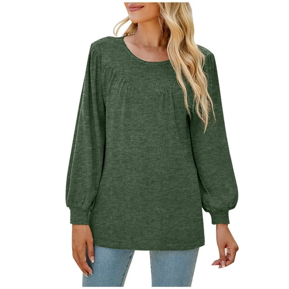 Annhoo Going out Tops for Women Fall Casual Pleated Crewneck Long Sleeve T-Shirts Ladies Basic Solid Color Blouses