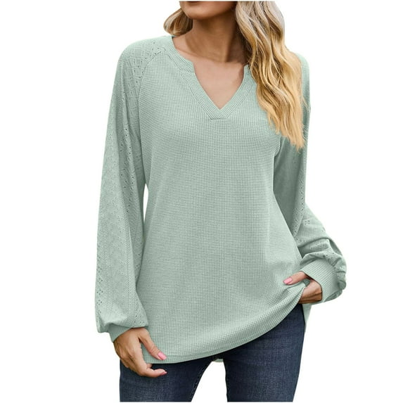 Annhoo Going out Tops for Women Fall Casual V Neck Long Sleeve Dressy Shirts Loose Comfy Eyelet Blouses
