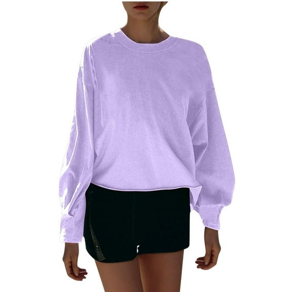 Annhoo Going out Tops for Women Long Sleeve Fall Casual Round Neck Solid T Shirts Ladies Baggy Cropped Blouses