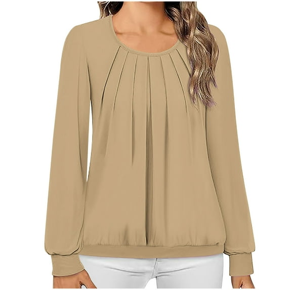 Annhoo Going out Tops for Women Long Sleeve Fall Round Neck Pleated Shirts Casual Solid Color Vacation Blouses