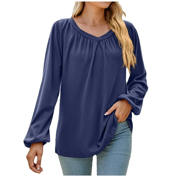 Annhoo Going out Tops for Women Long Sleeve V Neck Pleated Dressy Shirts Fall Loose Vacation Casual Clothes