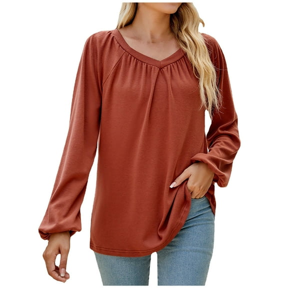 Annhoo Going out Tops for Women Long Sleeve V Neck Pleated Dressy Shirts Fall Loose Vacation Casual Clothes