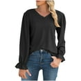thumbnail image 1 of Annhoo Going out Tops for Women Puff Long Sleeve Lace Trim V Neck Eyelet Shirts Casual Cutout Blouse Tees, 1 of 3