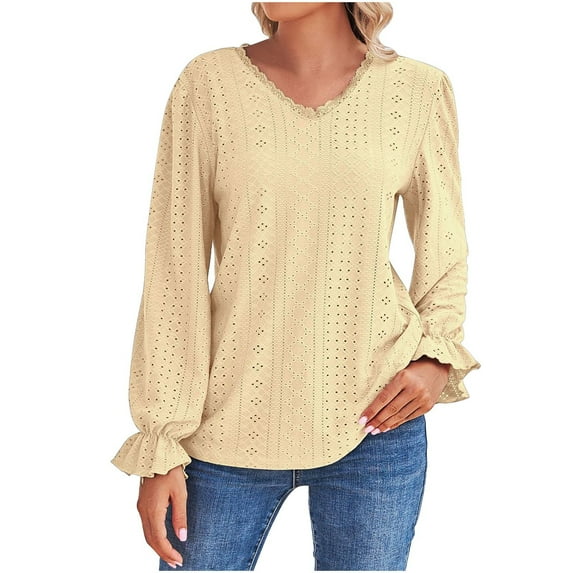 Annhoo Going out Tops for Women Puff Long Sleeve Lace Trim V Neck Eyelet Shirts Casual Cutout Blouse Tees