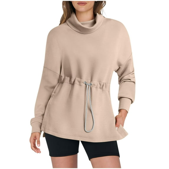 Annhoo High Neck Sweatshirt for Women Casual Long Sleeve Drawstring Waist Pullover Tops Fall Fashion Clothes