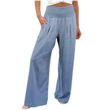 Annhoo High Waisted Pants for Women Casual Smocked Wide Leg Trousers Baggy Solid Color Palazzo Pants with Pockets