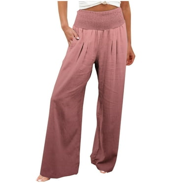 Annhoo High Waisted Pants for Women Casual Smocked Wide Leg Trousers Baggy Solid Color Palazzo Pants with Pockets
