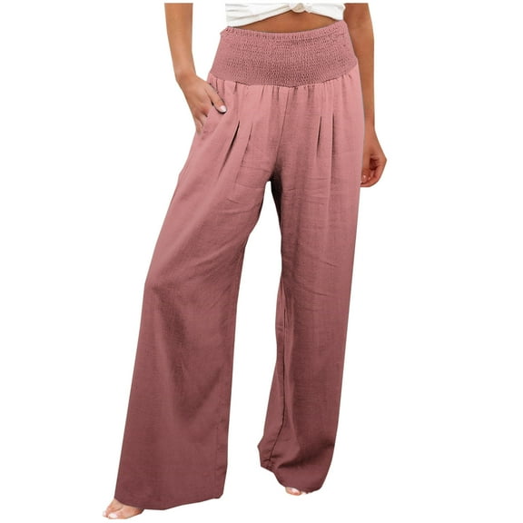 Annhoo High Waisted Pants for Women Casual Smocked Wide Leg Trousers Baggy Solid Color Palazzo Pants with Pockets