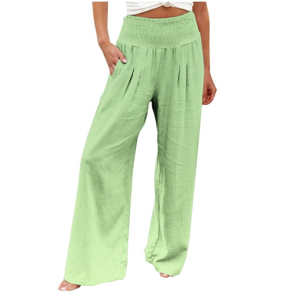 Annhoo High Waisted Pants for Women Casual Smocked Wide Leg Trousers Baggy Solid Color Palazzo Pants with Pockets