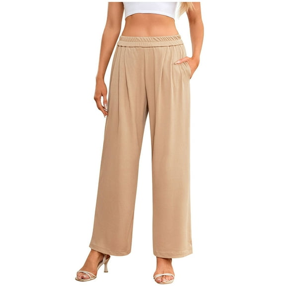 Annhoo High Waisted Pants for Women Fashion Elastic Knitted Textured Pants Casual Comfy Straight Leg Trouser