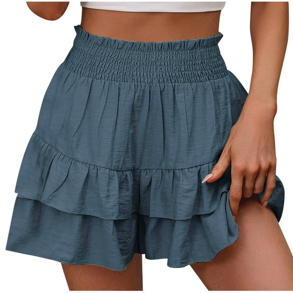 Annhoo High Waisted Skort for Women Summer Smocked Cute Ruffle Hem Skirts with Shorts Ladies Beach Casual Shorts