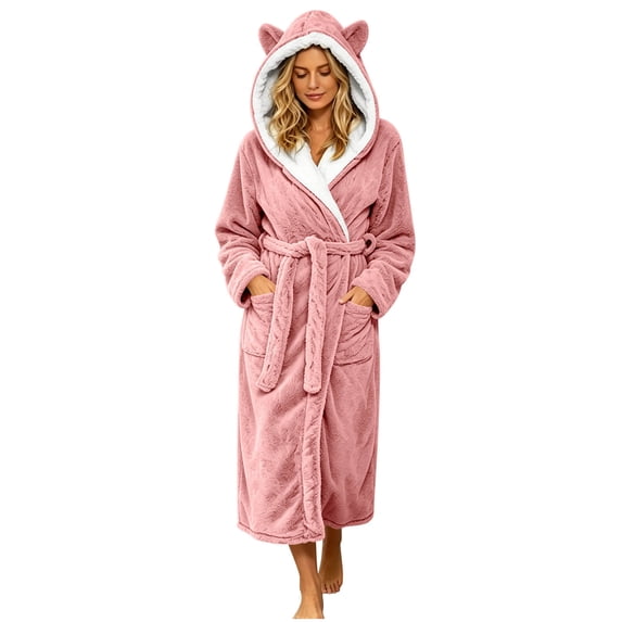 Annhoo Hooded Fleece Bath Robes Women Cute Cat Ears Wrap V Neck Self-Belt Pockets Plush Warm Relaxed Sleep Robe