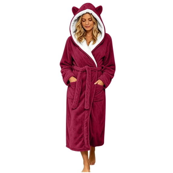 Annhoo Hooded Fleece Bath Robes Women Cute Cat Ears Wrap V Neck Self-Belt Pockets Plush Warm Relaxed Sleep Robe
