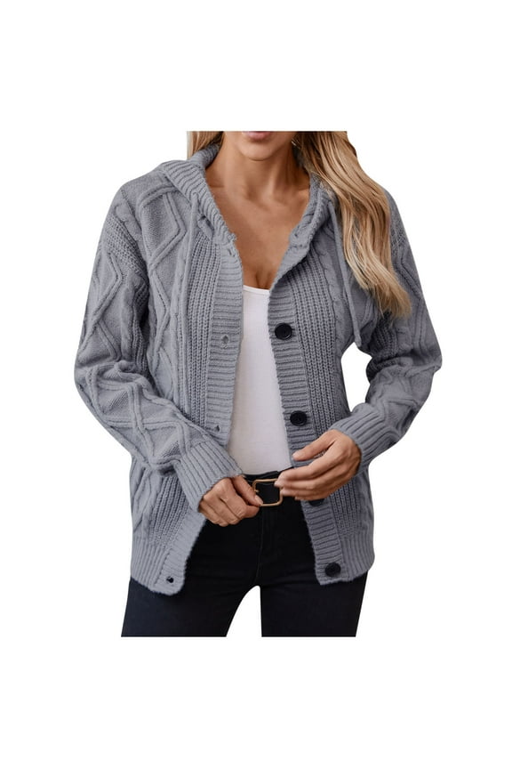 Hooded Sweaters for Women Casual Long Sleeve Button down Knitted Hoodies Comfy Solid Cardigan Sweaters