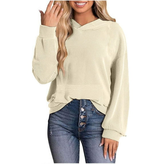 Annhoo Hoodies for Women Casual Loose Long Sleeve Ribbed Knit Shirts Ladies Fall Solid Color Pullover with Pocket