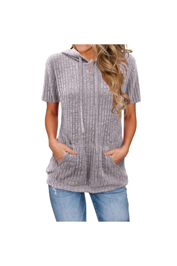 Hoodies for Women Drawstring Short Sleeve Summer Blouse Pullover Sweatshirts Tunic Tops with Kangaroo Pocket